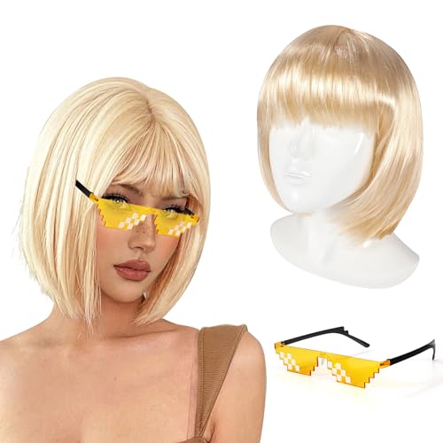 Gerade Kurze Charmante Bob Perücken, Bob Perücke Wig mit Bangs für Frau Natur Synthetische Faser Party Cosplay Karneval Fasching Kostüm Cabaret Tägliche Perücke, mit Sonnenbrille, Hell Gold von Pwsap