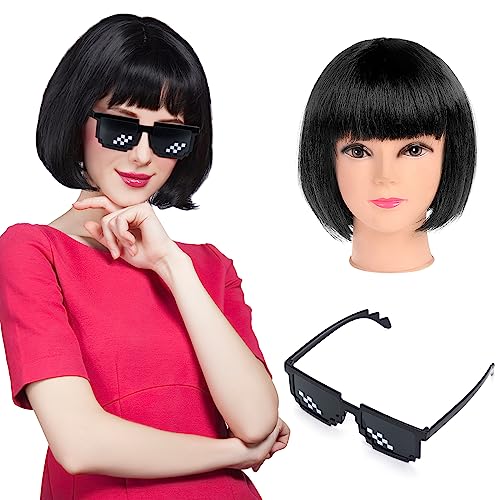 Gerade Kurze Charmante Bob Perücken, Bob Perücke Wig mit Bangs für Frau Natur Synthetische Faser Party Cosplay Karneval Fasching Kostüm Cabaret Tägliche Perücke, mit Sonnenbrille, Schwarz von Pwsap