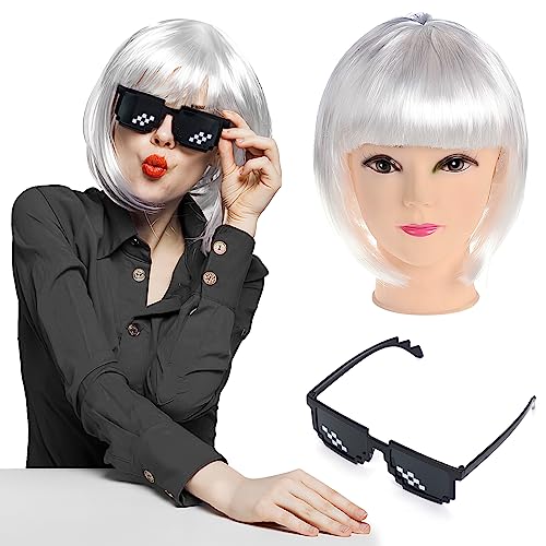 Gerade Kurze Charmante Bob Perücken, Bob Perücke Wig mit Bangs für Frau Natur Synthetische Faser Party Cosplay Karneval Fasching Kostüm Cabaret Tägliche Perücke, mit Sonnenbrille, Silber Weiss von Pwsap