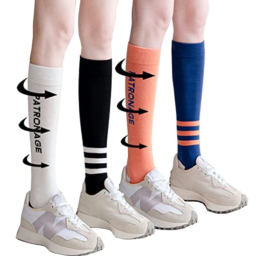 Kompressionsstrümpfe für Damen Herren, 2 Paar 4 Farben Lustige Mismatch Crew Socken, Stilvolle Athletische Lange Wadensocken Kompressionssocken Stützstrümpfe für Laufen Sport Flug Reise Radfahren von Pwsap