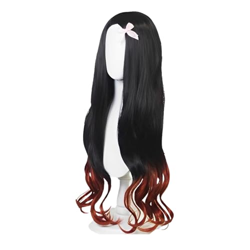 Perücke Mädchen Schwarze Lockige mit Perückenkappe Rosa Schleife Haarnadel, Damen Orangefarbene Farbverlaufsenden Damen Cosplay Perücke für Karneval Halloween Fasching Kostüme Party von Pwsap
