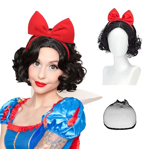 3Pcs Perücke Mädchen Schwarz mit Schleifenstirnband, Lockig Damen Gewellt Perücke Kurz Damen Perücke-Kappe mit Black Wig Kurz Cosplay Perücke für Karneval Halloween Fasching Kostüme Party von Pwsap