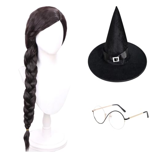Perücke Mädchen Schwarze mit Perückenkappe Brille mit spitzem Hexenhut, Damen Black Zöpfe Damen Cosplay Perücke für Karneval Halloween Fasching Kostüme Party von Pwsap