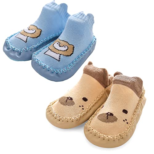 Pwsap 2 Paar Kinder Hüttenschuh Socken hüttensocken, Rutschfeste Socken Sportsocken Weiche Baby Hausschuhe WinterSocken Kleinkind Junge Hausschuhe für Junge hüttenschuhe baby 12-24 monate, Bär Löwe von Pwsap