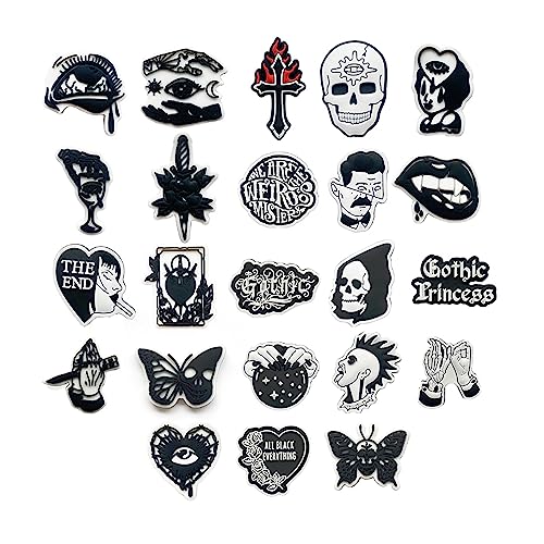 Pwsap 23 Stück Gothic Stil Schuhanhänger Charms, Schwarzer Totenkopf Schmetterling Kreuzen Schuhdekoration Anhänger für Clog Sandalen, Goth Punk EMO CLOG Schuh Charms Zubehör für Männer Frauen von Pwsap