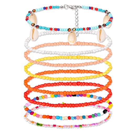 Pwsap 8 Stück Fußkettchen für Damen, Fußkette Armband Jewelry Verstellbare Boho Reisperlen Fußschmuck Armband Sommer Barfuß Strand Fusskette Fußkettchen Geburtstag Jahrestag Schmuck Geschenk, Muschel von Pwsap