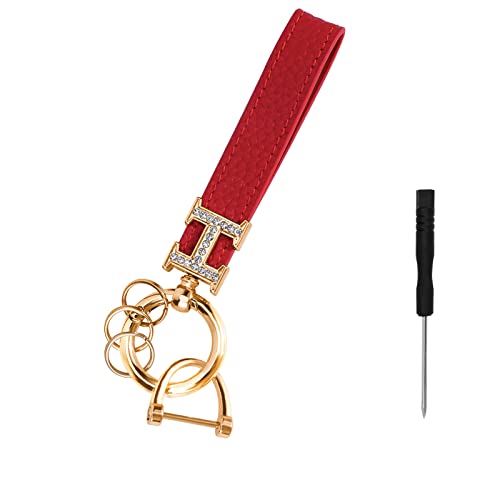 Pwsap Echtes Leder Auto Schlüsselanhänger mit Strass, Bling Universal Schlüsselanhänger Ring Strap für Damen, Schlüsselanhänger Auto Schlüsselanhänger Zubehör für Damen, Rot/Gold von Pwsap