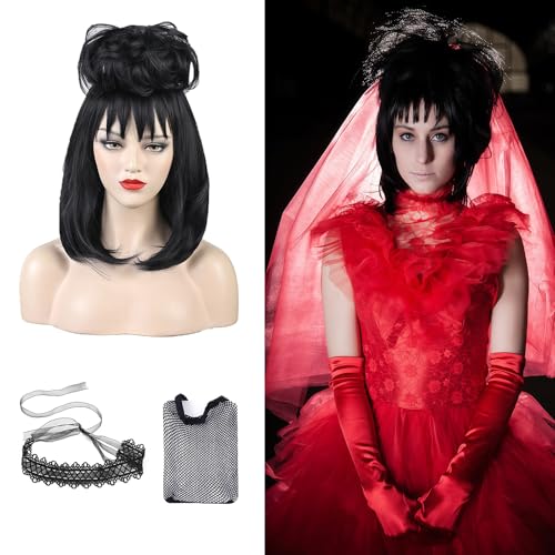 Perücke Mädchen Schwarz mit abnehmbarer Dutt-Halsband-Perückenkappe, Glatt Damen Perücke mit Atumpf Geschnittenem Pony Black Wig Brautkostüm Cosplay für Karneval Halloween Fasching Kostüme Party von Pwsap