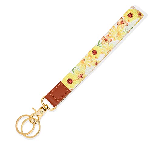 Zartes Floral Schlüsselband Wristlet Keychain Lanyard Strap,Weicher Armband Schlüsselanhänger mit 2 Schlüsselringen,Verdickter Blume Handschlaufe Schlüsselanhänger für Frauen Mädchen,360° Drehbar,Gelb von Pwsap