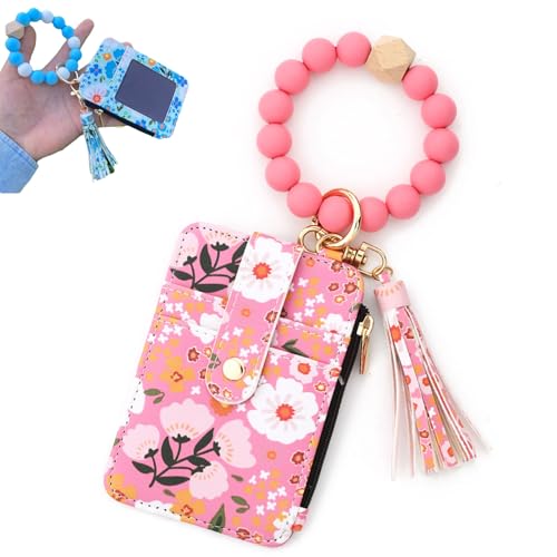 Boho Style Beaded Tassel Keychain Wallet, Women's Boho Beaded Wallet Keychain with Flower Pattern (Dark Pink) von Pwzoax