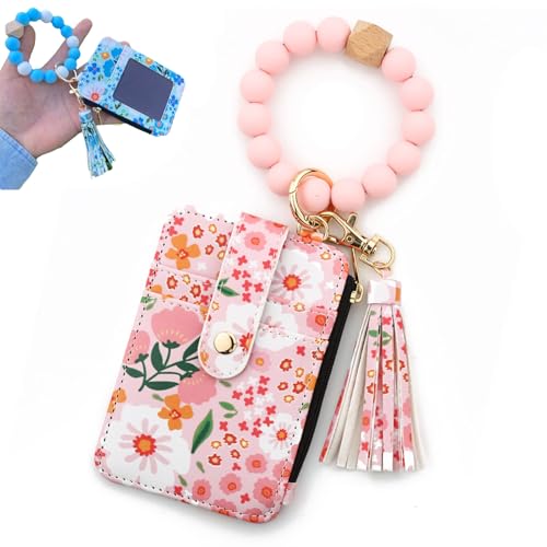 Boho Style Beaded Tassel Keychain Wallet, Women's Boho Beaded Wallet Keychain with Flower Pattern (Light Pink) von Pwzoax