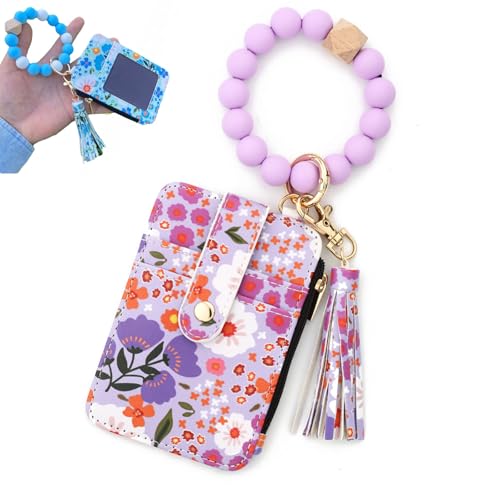 Boho Style Beaded Tassel Keychain Wallet, Women's Boho Beaded Wallet Keychain with Flower Pattern (Light Purple) von Pwzoax