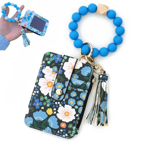 Pwzoax Boho Style Beaded Tassel Keychain Wallet, Women's Boho Beaded Wallet Keychain with Flower Pattern (Dark Blue) von Pwzoax