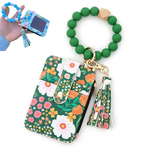 Pwzoax Boho Style Beaded Tassel Keychain Wallet, Women's Boho Beaded Wallet Keychain with Flower Pattern (Green) von Pwzoax