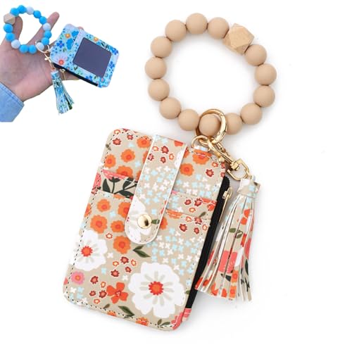 Pwzoax Boho Style Beaded Tassel Keychain Wallet, Women's Boho Beaded Wallet Keychain with Flower Pattern (Khaki) von Pwzoax