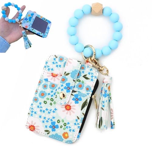 Pwzoax Boho Style Beaded Tassel Keychain Wallet, Women's Boho Beaded Wallet Keychain with Flower Pattern (Light Blue) von Pwzoax
