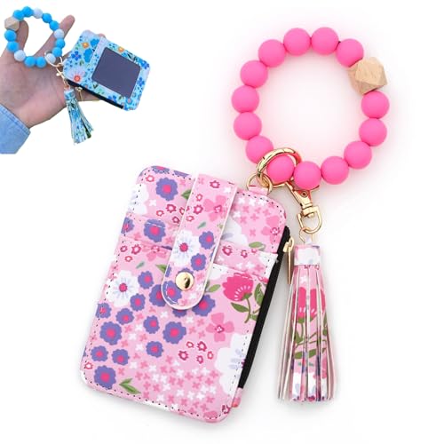 Pwzoax Boho Style Beaded Tassel Keychain Wallet, Women's Boho Beaded Wallet Keychain with Flower Pattern (Rose Red) von Pwzoax