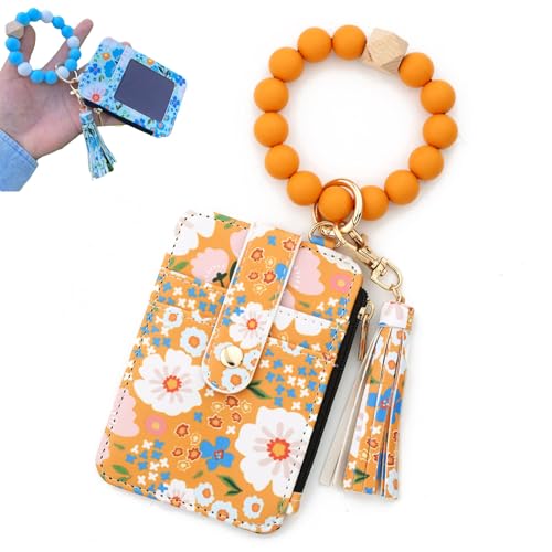 Pwzoax Boho Style Beaded Tassel Keychain Wallet, Women's Boho Beaded Wallet Keychain with Flower Pattern (Yellow) von Pwzoax