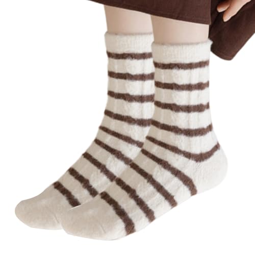 Pyasuye Damen Twist Cable Fuzzy Plush Slipper Socken Farbblockieren Gestreiftes Fleece Winter Thermal Haus Schlafstrumpf von Pyasuye