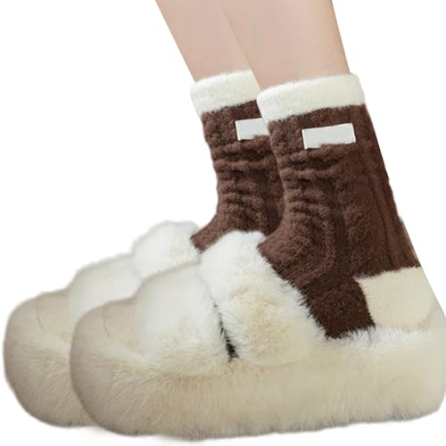 Pyasuye Damen Twist Cable Fuzzy Plush Slipper Socken Farbblockieren Gestreiftes Fleece Winter Thermal Haus Schlafstrumpf von Pyasuye