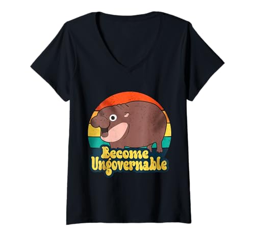 Damen Lustiges Pygmäen-Nilpferd "Become Ungovernable" Retro T-Shirt mit V-Ausschnitt von Pygmy Hippo Energy