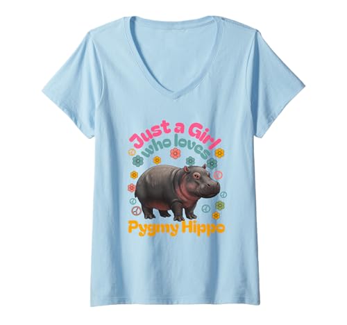 Damen Just A Girl Pygmy Nilpferd Nilpferd Lustig Niedlich T-Shirt mit V-Ausschnitt von Pygmy Hippo Merchandise Apparel