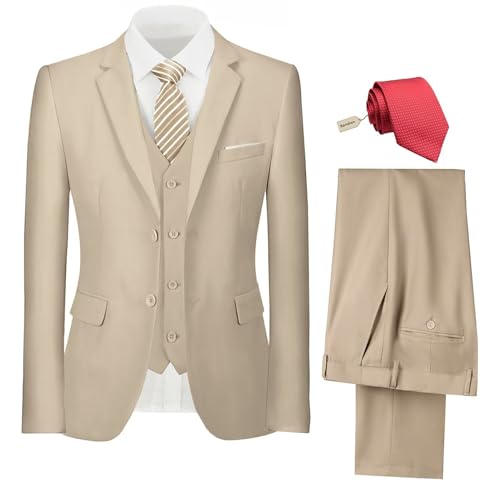 Herren Anzug 3-teiliges Set Slim Fit Hochzeit Trauzeugen Anzug für Männer Zwei Knöpfe Anzüge Set Solide Jacke Weste Hose mit Krawatte, beige, L von Pyiuhs
