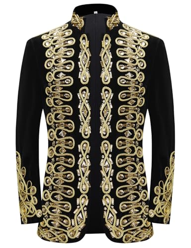 Pyiujtr Herren Stehkragen Samt Knoten Stickerei Court Blazer Maskuline Barock inspirierte Anzugjacke, Schwarz Gold, 3XL von Pyiujtr