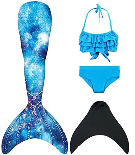 Pyjacos meerjungfrauenflosse mädchen Badeanzug - Meerjungfrau Flosse Bademode mit Bikini Set und Monoflosse Mermaid Tail, 4 Stück Set，2blackseJK15-130 von Pyjacos