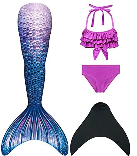 Pyjacos meerjungfrauenflosse mädchen Badeanzug - Meerjungfrau Flosse Bademode mit Bikini Set und Monoflosse Mermaid Tail, 4 Stück Set，2blackseJK24-150 von Pyjacos