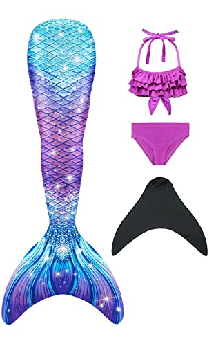 Pyjacos meerjungfrauenflosse mädchen Badeanzug - Meerjungfrau Flosse Bademode mit Bikini Set und Monoflosse Mermaid Tail, 4 Stück Set，2blackseg5+74-110 von Pyjacos