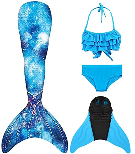 Pyjacos meerjungfrauenflosse mädchen Badeanzug - Meerjungfrau Flosse Bademode mit Bikini Set und Monoflosse Mermaid Tail, 4 Stück Set，4blueseJK15-110 von Pyjacos