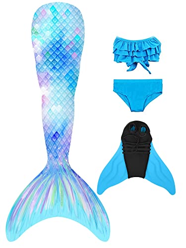 Pyjacos meerjungfrauenflosse mädchen Badeanzug - Meerjungfrau Flosse Bademode mit Bikini Set und Monoflosse Mermaid Tail, 4 Stück Set，4blueseR4-130 von Pyjacos