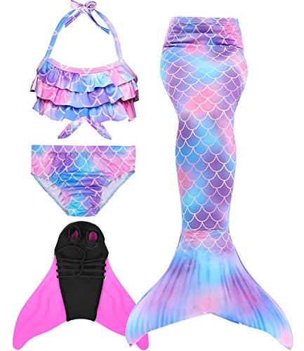 Pyjacos meerjungfrauenflosse mädchen Badeanzug - Meerjungfrau Flosse Bademode mit Bikini Set und Monoflosse Mermaid Tail, 4 Stück Set，4pinkseA8-110 von Pyjacos