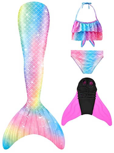 Pyjacos meerjungfrauenflosse mädchen Badeanzug - Meerjungfrau Flosse Bademode mit Bikini Set und Monoflosse Mermaid Tail, 4 Stück Set，4pinkseM1-120 von Pyjacos