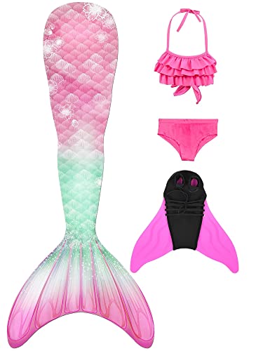 Pyjacos meerjungfrauenflosse mädchen Badeanzug - Meerjungfrau Flosse Bademode mit Bikini Set und Monoflosse Mermaid Tail, 4 Stück Set，4pinkseR1-130 von Pyjacos