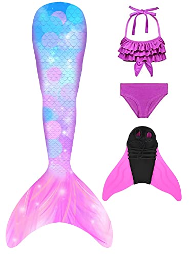 Pyjacos meerjungfrauenflosse mädchen Badeanzug - Meerjungfrau Flosse Bademode mit Bikini Set und Monoflosse Mermaid Tail, 4 Stück Set，4pinkseR2-140 von Pyjacos