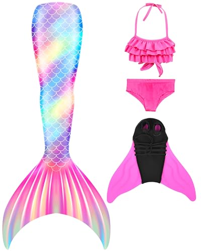 Pyjacos meerjungfrauenflosse mädchen Badeanzug - Meerjungfrau Flosse Bademode mit Bikini Set und Monoflosse Mermaid Tail, 4 Stück Set，LM10-140 von Pyjacos