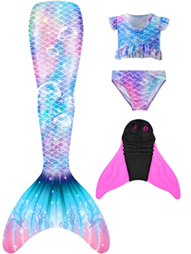 Pyjacos meerjungfrauenflosse mädchen Badeanzug - Meerjungfrau Flosse Bademode mit Bikini Set und Monoflosse Mermaid Tail, 4 Stück Set,M3pinkse,120 von Pyjacos