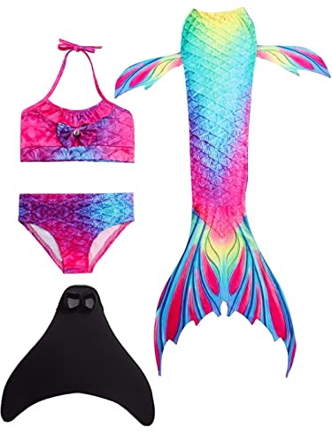 Pyjacos meerjungfrauenflosse mädchen Badeanzug - Meerjungfrau Flosse Bademode mit Bikini Set und Monoflosse Mermaid Tail, 4 Stück Set，blackseDH02-130 von Pyjacos