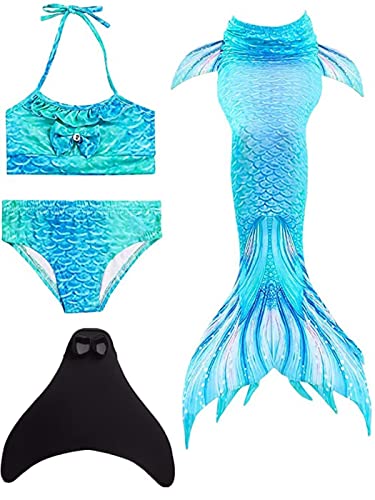 Pyjacos meerjungfrauenflosse mädchen Badeanzug - Meerjungfrau Flosse Bademode mit Bikini Set und Monoflosse Mermaid Tail, 4 Stück Set，blackseDH06-140 von Pyjacos