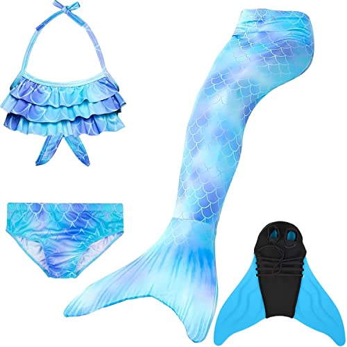 Pyjacos meerjungfrauenflosse mädchen Badeanzug - Meerjungfrau Flosse Bademode mit Bikini Set und Monoflosse Mermaid Tail, 4 Stück Set，blueseA6-120 von Pyjacos