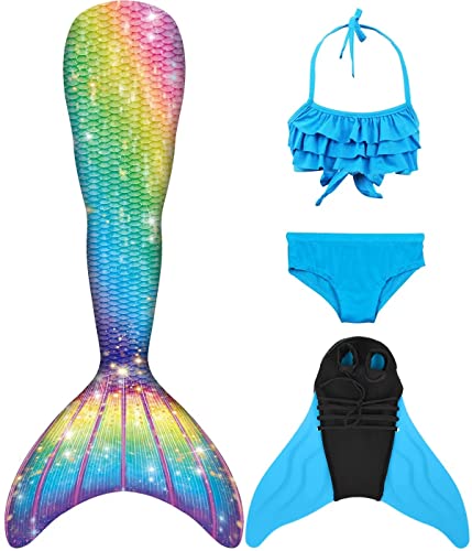 Pyjacos meerjungfrauenflosse mädchen Badeanzug - Meerjungfrau Flosse Bademode mit Bikini Set und Monoflosse Mermaid Tail, 4 Stück Set，blueseJCKA09+46-110 von Pyjacos