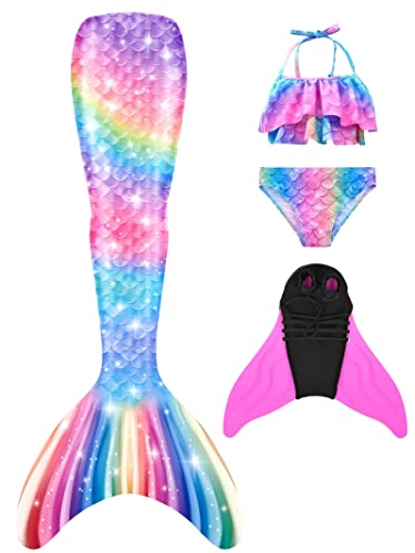 Pyjacos meerjungfrauenflosse mädchen Badeanzug - Meerjungfrau Flosse Bademode mit Bikini Set und Monoflosse Mermaid Tail, 4 Stück Set，pinkseM9-140 von Pyjacos