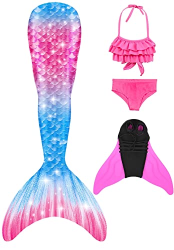 Pyjacos meerjungfrauenflosse mädchen Badeanzug - Meerjungfrau Flosse Bademode mit Bikini Set und Monoflosse Mermaid Tail, 4 Stück Set，pinkseR3-150 von Pyjacos