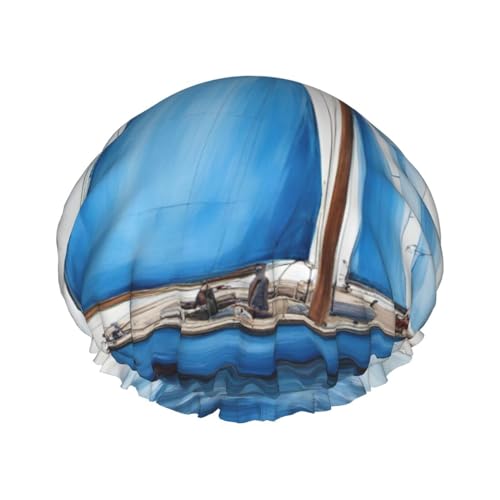 Blaue Duschhaube mit Segelboot-Druck für Damen, wiederverwendbare Badekappe, atmungsaktive Duschhauben, Badeduschhauben mit verstellbarer von Pyjwyfmy