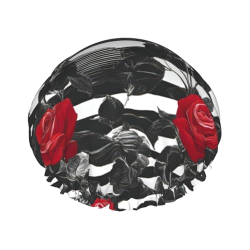 Duschhaube für Damen, wiederverwendbar, atmungsaktiv, Schwarz / Weiß gestreift, mit roten Rosen von Pyjwyfmy