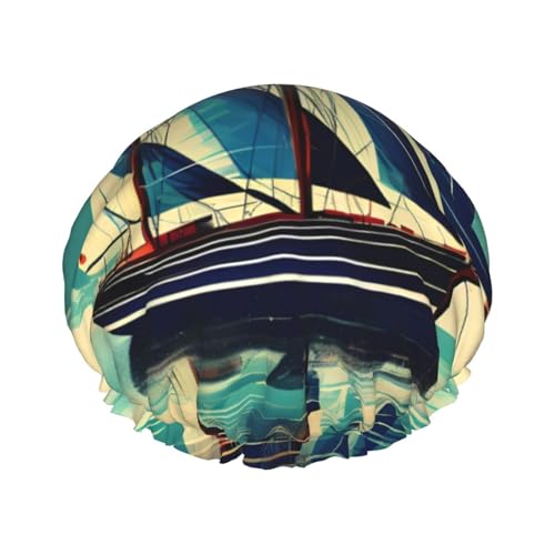 Duschhaube mit Segelbootschiff-Landschaftsdruck für Damen, wiederverwendbare Badekappe, atmungsaktive Duschhauben, Badeduschhauben mit verstellbaren von Pyjwyfmy