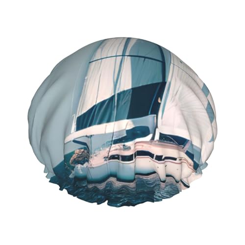 Duschhaube mit Segelbootschiff-Landschaftsdruck für Damen, wiederverwendbare Badekappe, atmungsaktive Duschhauben, Badeduschhauben mit verstellbaren von Pyjwyfmy