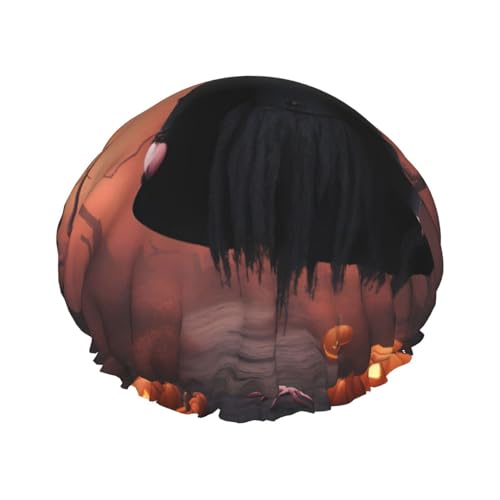 Halloween-Flamingo-Hexenhut Druck Duschhaube für Frauen, wiederverwendbare Badehaube, atmungsaktive Duschhauben, Badeduschhauben mit verstellbarer von Pyjwyfmy